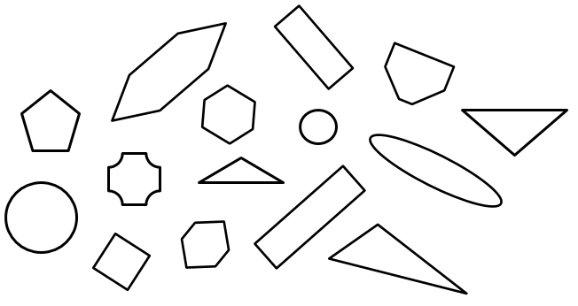 Various shapes including circles, rectangles, pentagons, ovals, triangles  